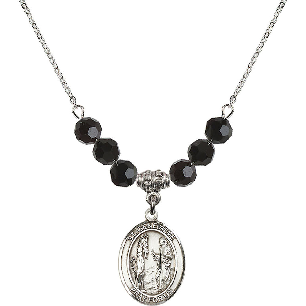 Sterling Silver Saint Genevieve Birthstone Necklace with Jet Beads - 8041