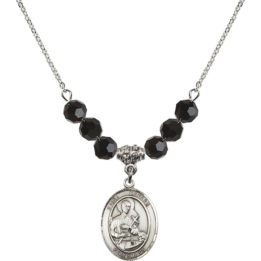 Sterling Silver Saint Gerard Majella Birthstone Necklace with Jet Beads - 8042