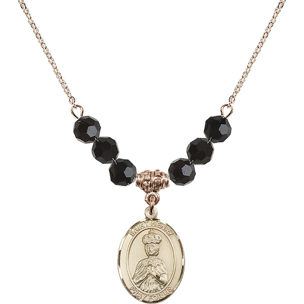 14kt Gold Filled Saint Henry II Birthstone Necklace with Jet Beads - 8046