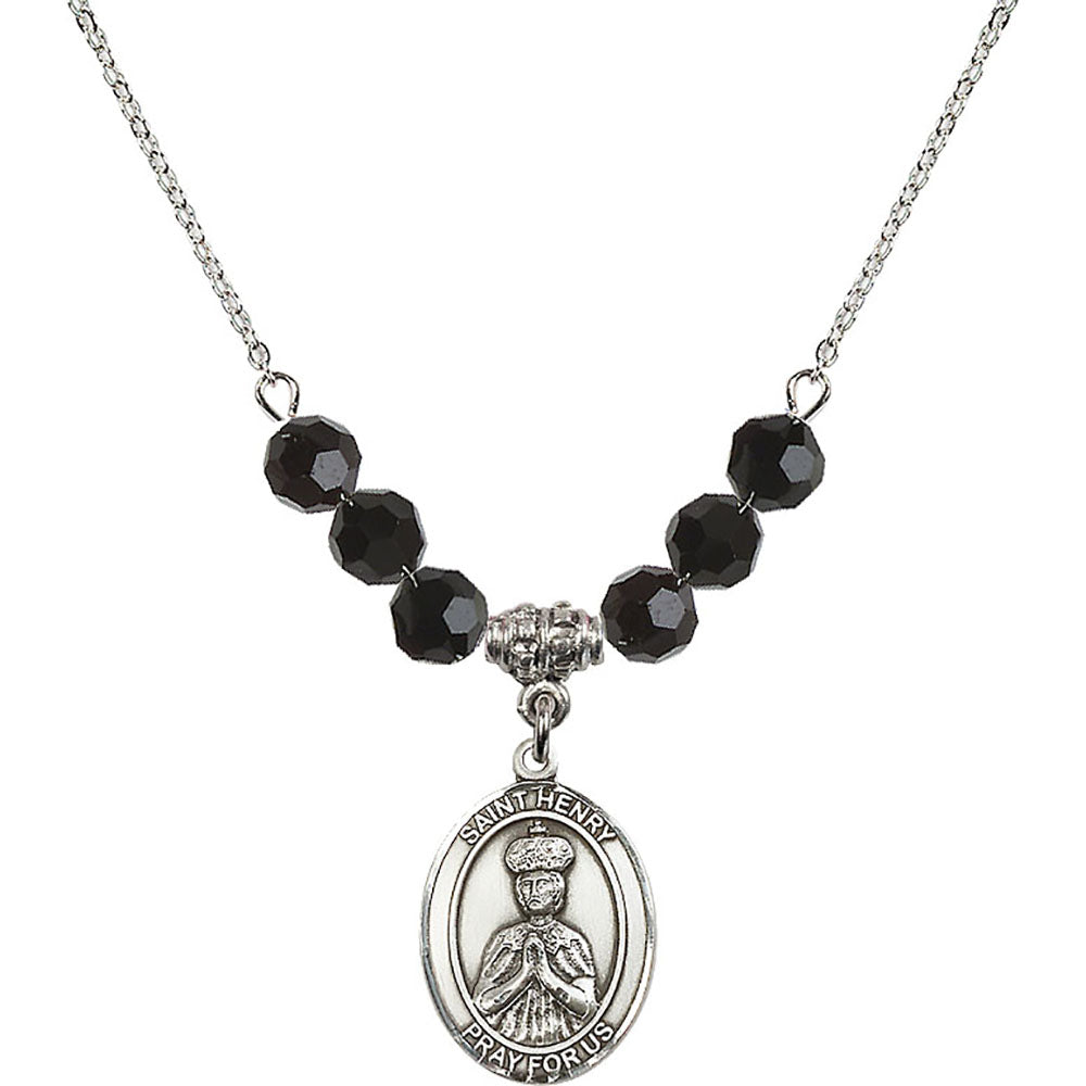 Sterling Silver Saint Henry II Birthstone Necklace with Jet Beads - 8046