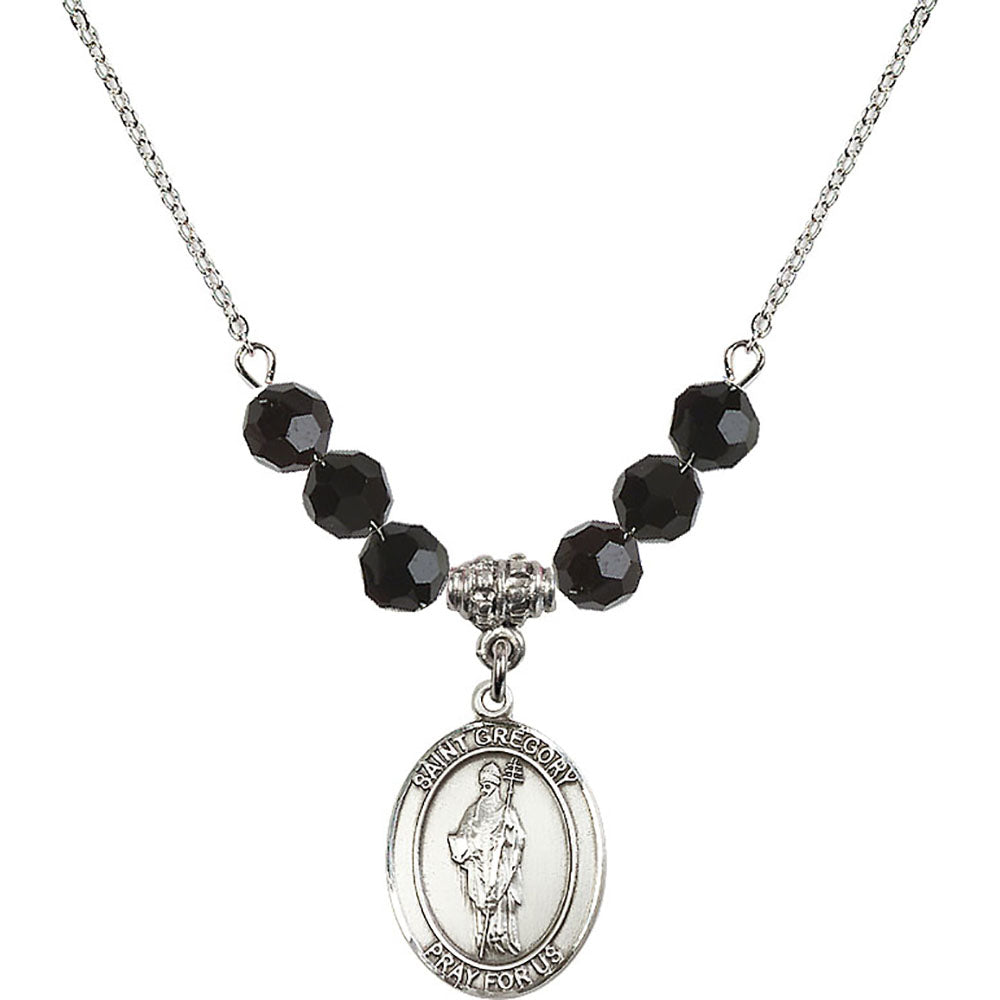 Sterling Silver Saint Gregory the Great Birthstone Necklace with Jet Beads - 8048