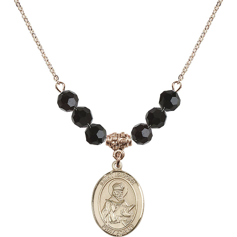 14kt Gold Filled Saint Isidore of Seville Birthstone Necklace with Jet Beads - 8049