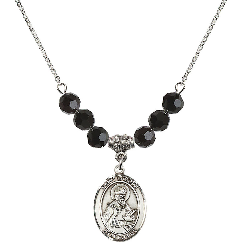 Sterling Silver Saint Isidore of Seville Birthstone Necklace with Jet Beads - 8049