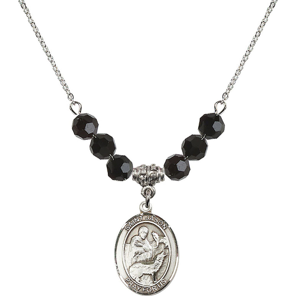 Sterling Silver Saint Jason Birthstone Necklace with Jet Beads - 8051