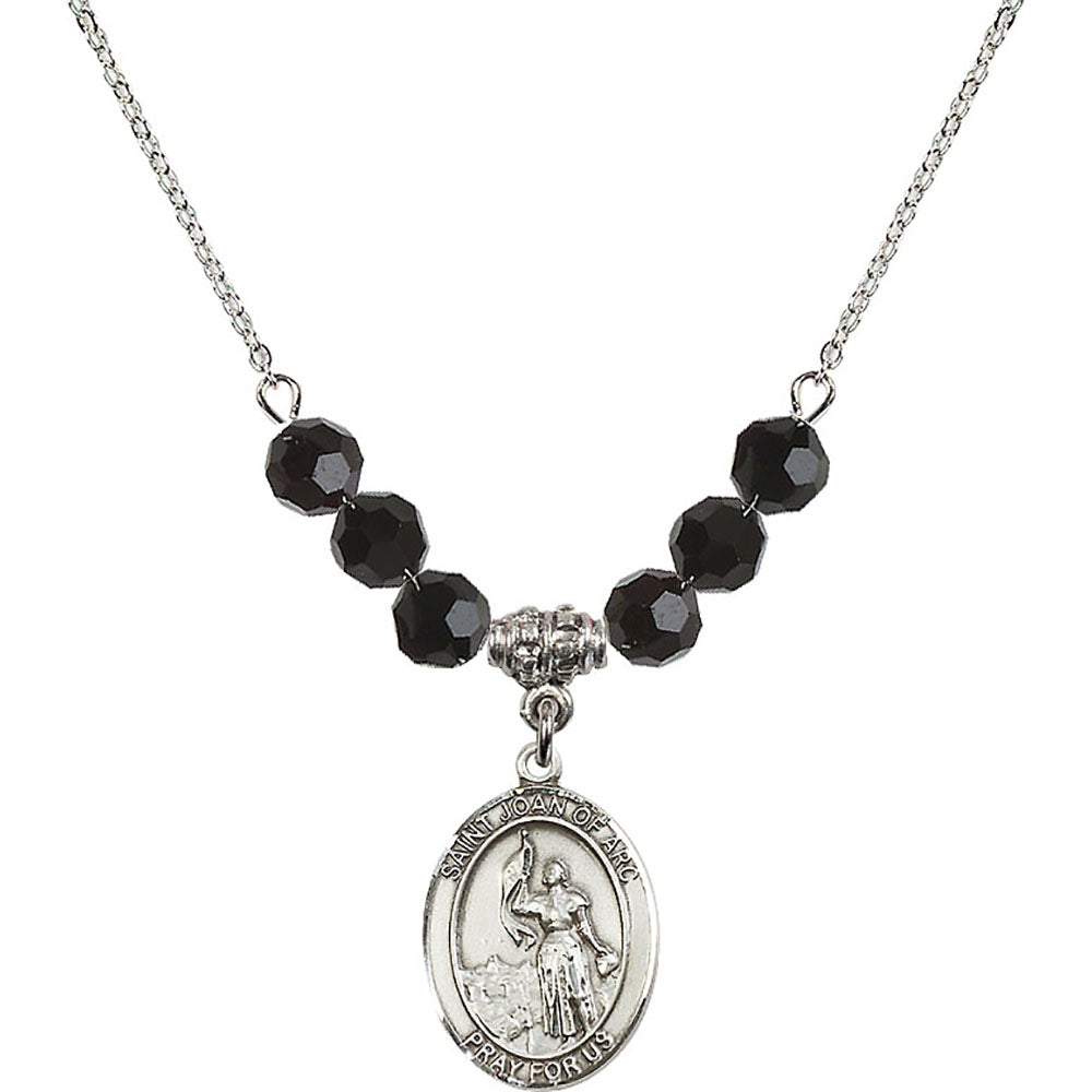 Sterling Silver Saint Joan of Arc Birthstone Necklace with Jet Beads - 8053