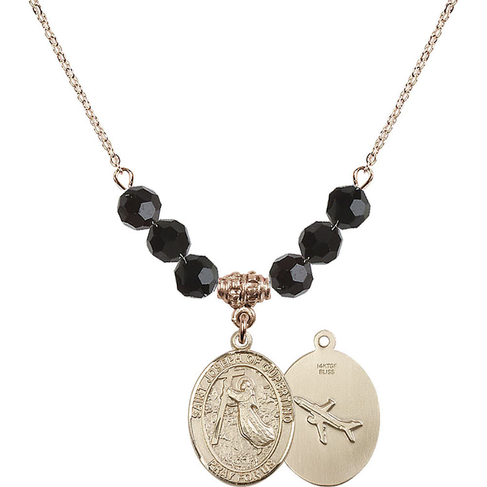 14kt Gold Filled Saint Joseph of Cupertino Birthstone Necklace with Jet Beads - 8057