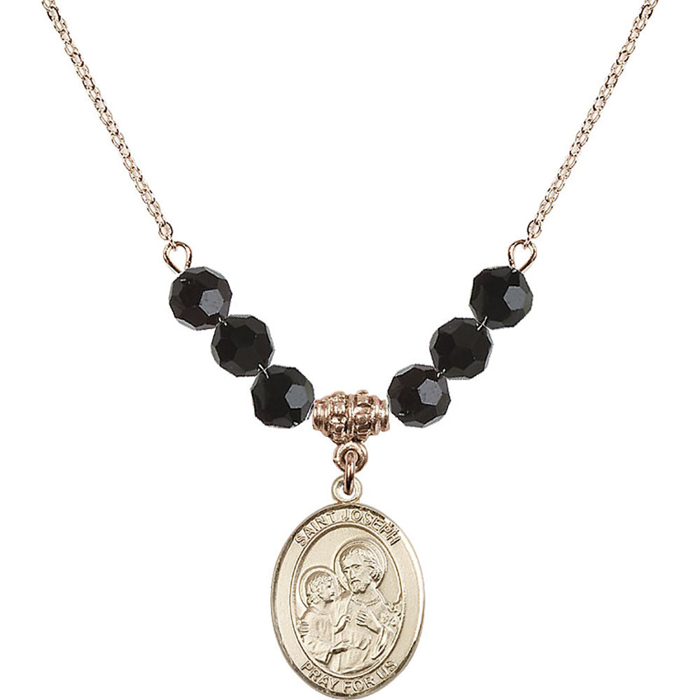 14kt Gold Filled Saint Joseph Birthstone Necklace with Jet Beads - 8058
