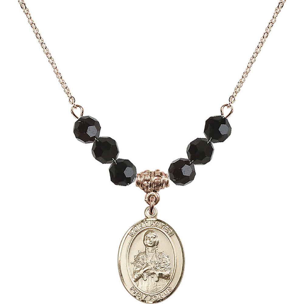 14kt Gold Filled Saint Kateri Tekakwitha Birthstone Necklace with Jet Beads - 8061