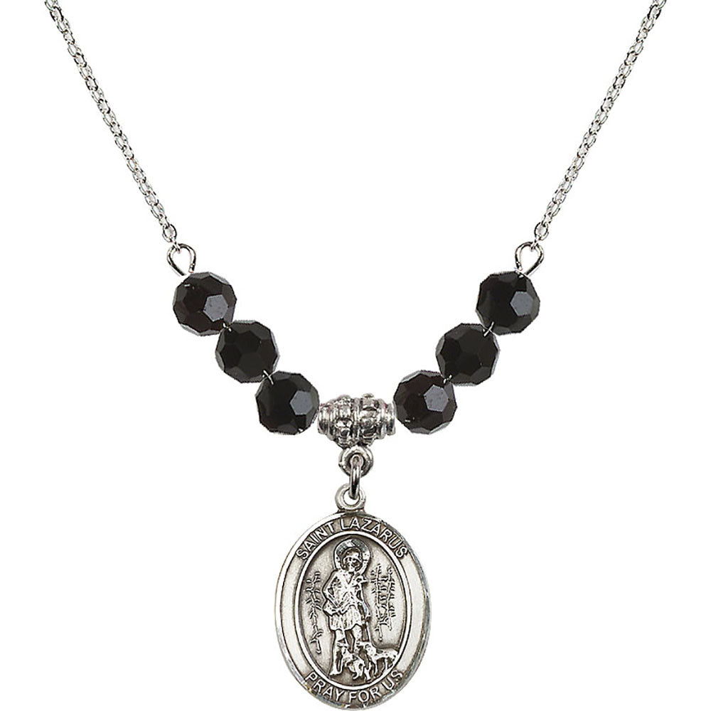Sterling Silver Saint Lazarus Birthstone Necklace with Jet Beads - 8066