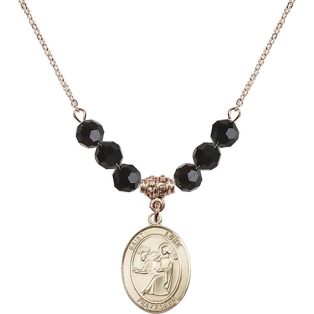 14kt Gold Filled Saint Luke the Apostle Birthstone Necklace with Jet Beads - 8068