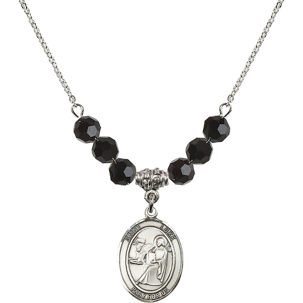 Sterling Silver Saint Luke the Apostle Birthstone Necklace with Jet Beads - 8068