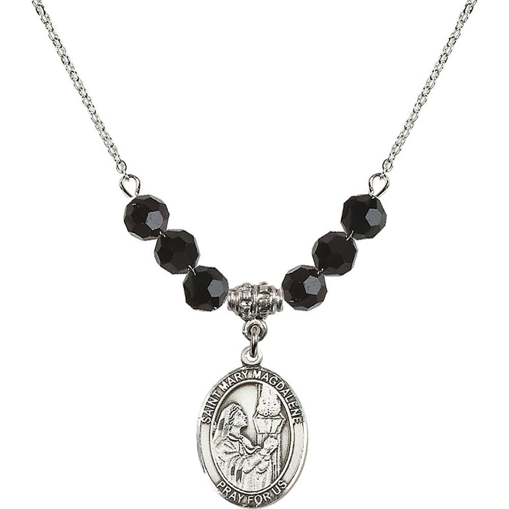 Sterling Silver Saint Mary Magdalene Birthstone Necklace with Jet Beads - 8071
