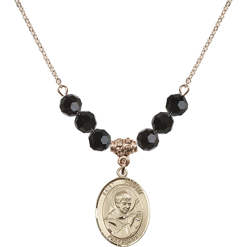 14kt Gold Filled Saint Robert Bellarmine Birthstone Necklace with Jet Beads - 8096