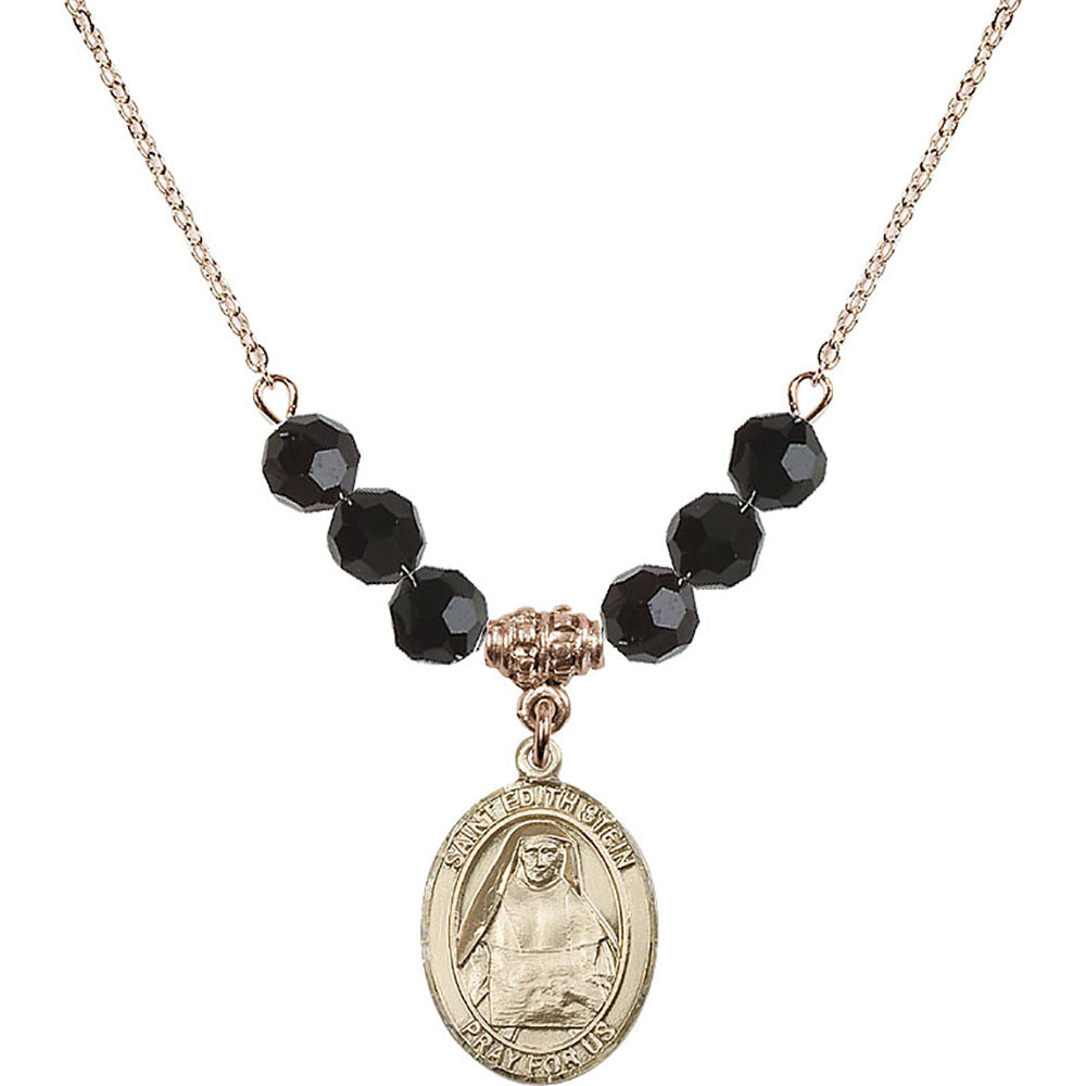 14kt Gold Filled Saint Edith Stein Birthstone Necklace with Jet Beads - 8103