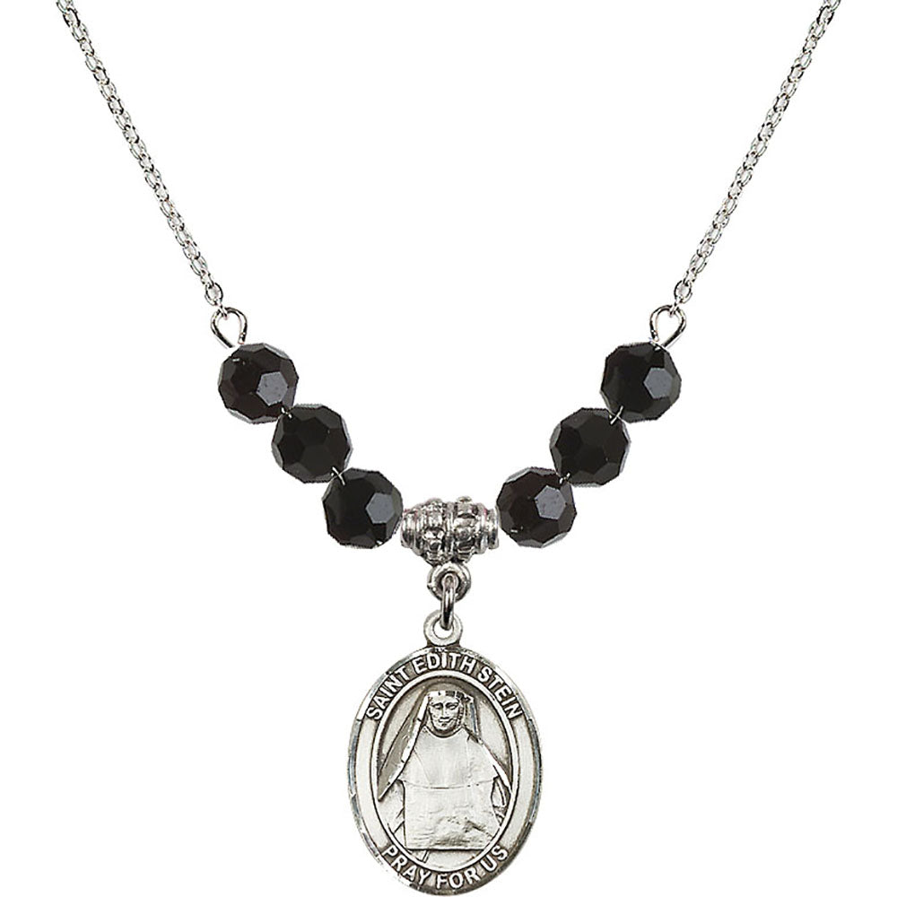 Sterling Silver Saint Edith Stein Birthstone Necklace with Jet Beads - 8103