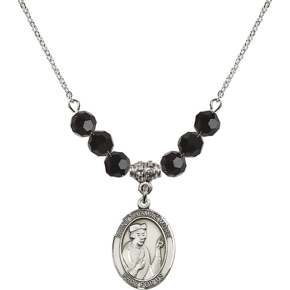 Sterling Silver Saint Thomas More Birthstone Necklace with Jet Beads - 8109