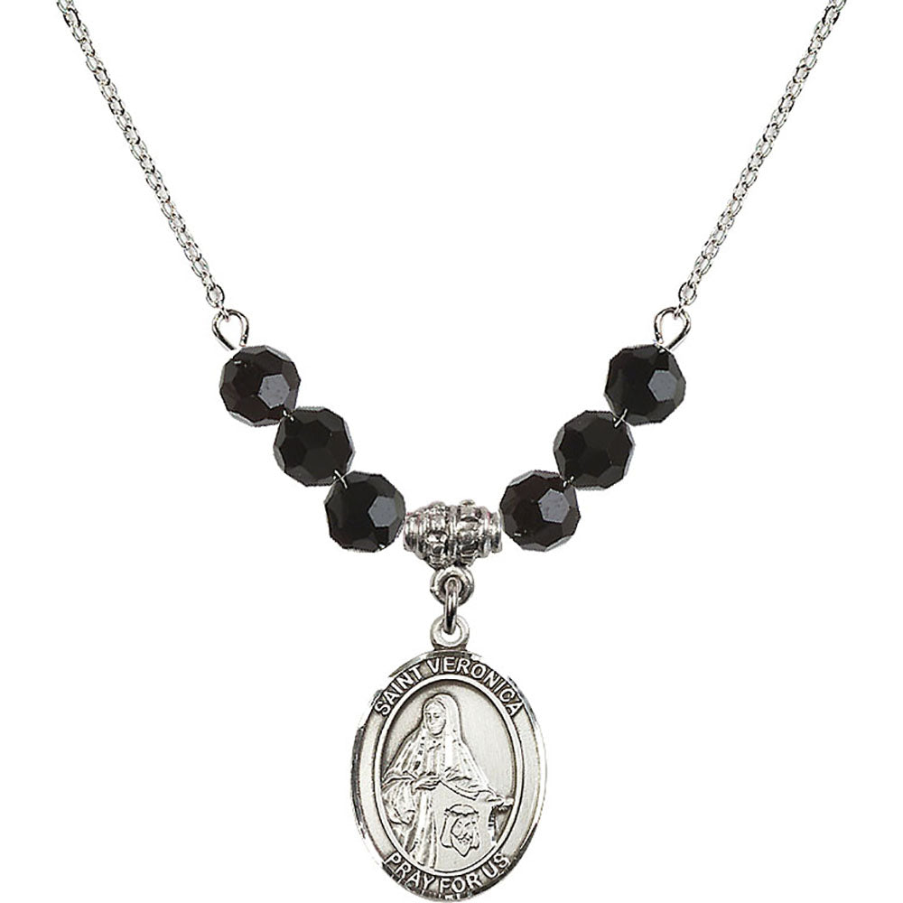 Sterling Silver Saint Veronica Birthstone Necklace with Jet Beads - 8110