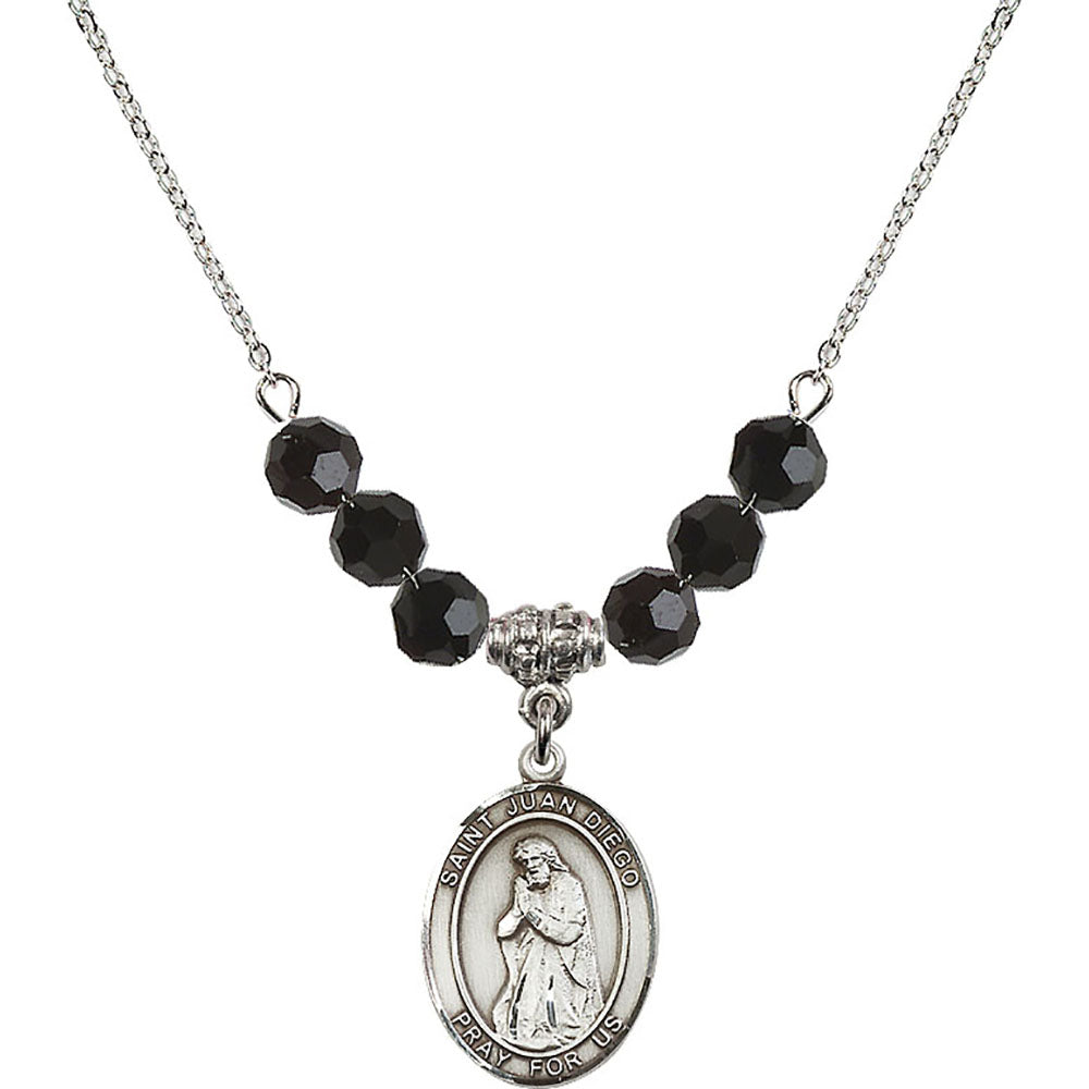Sterling Silver Saint Juan Diego Birthstone Necklace with Jet Beads - 8111