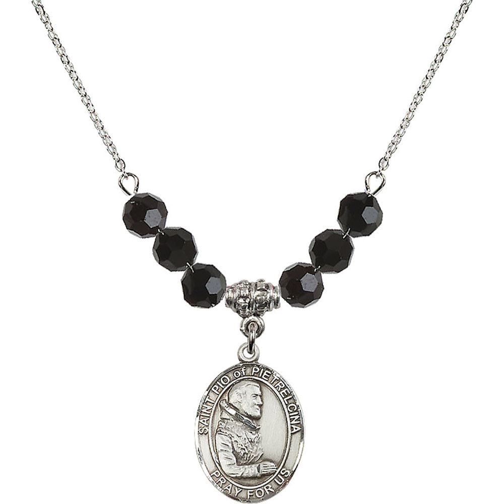 Sterling Silver Saint Pio of Pietrelcina Birthstone Necklace with Jet Beads - 8125