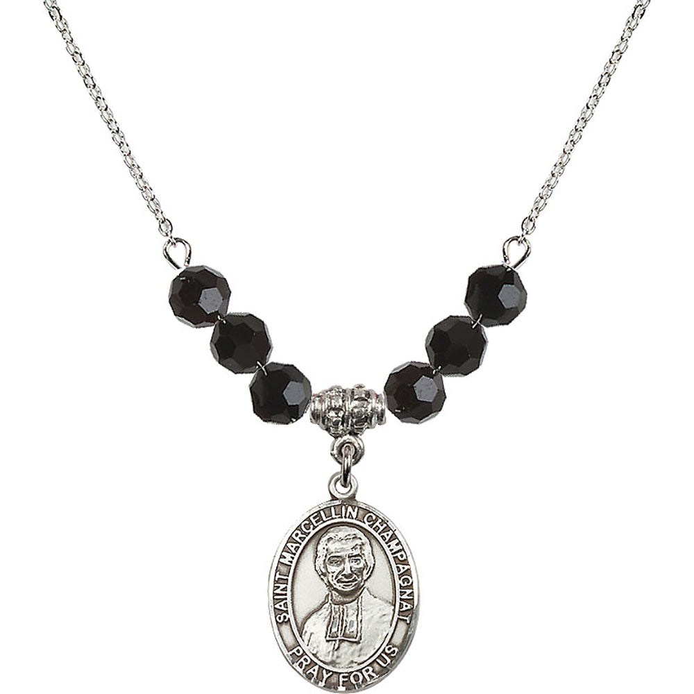 Sterling Silver Saint Marcellin Champagnat Birthstone Necklace with Jet Beads - 8131
