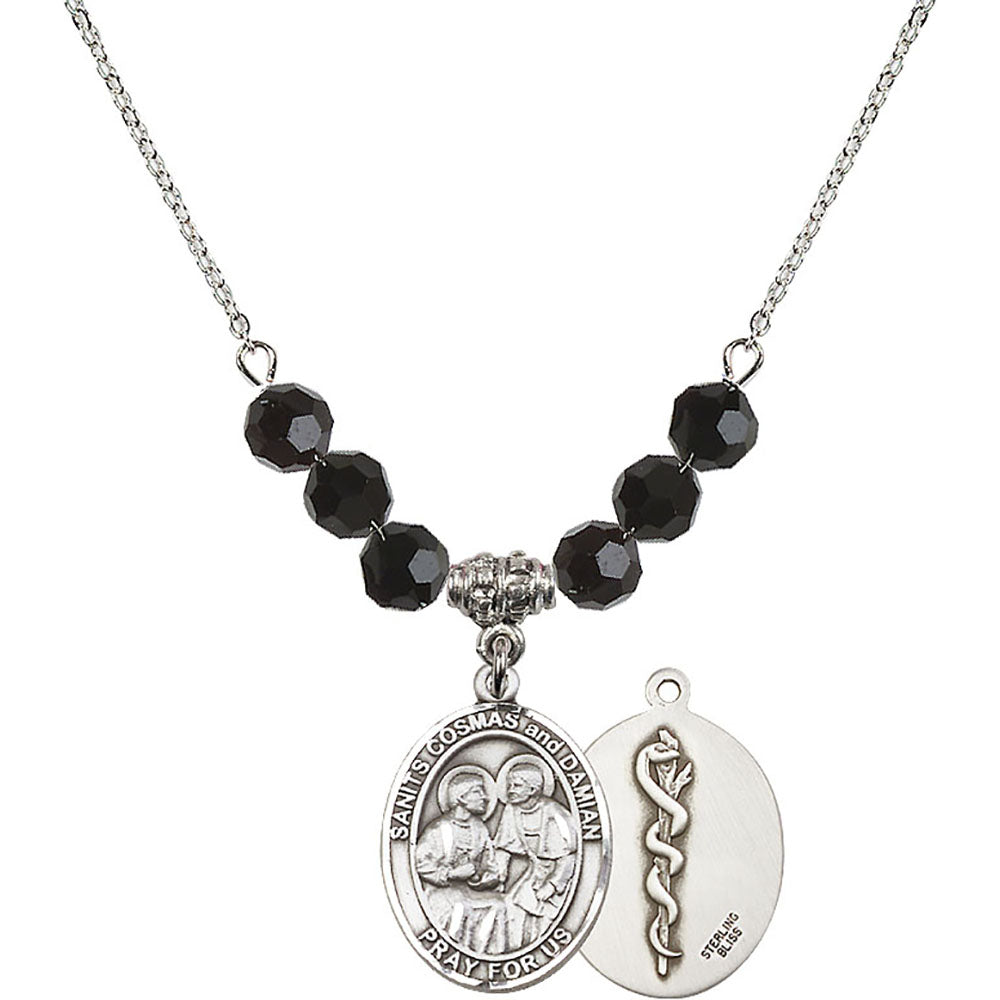 Sterling Silver Saints Cosmas & Damian / Doctors Birthstone Necklace with Jet Beads - 8132