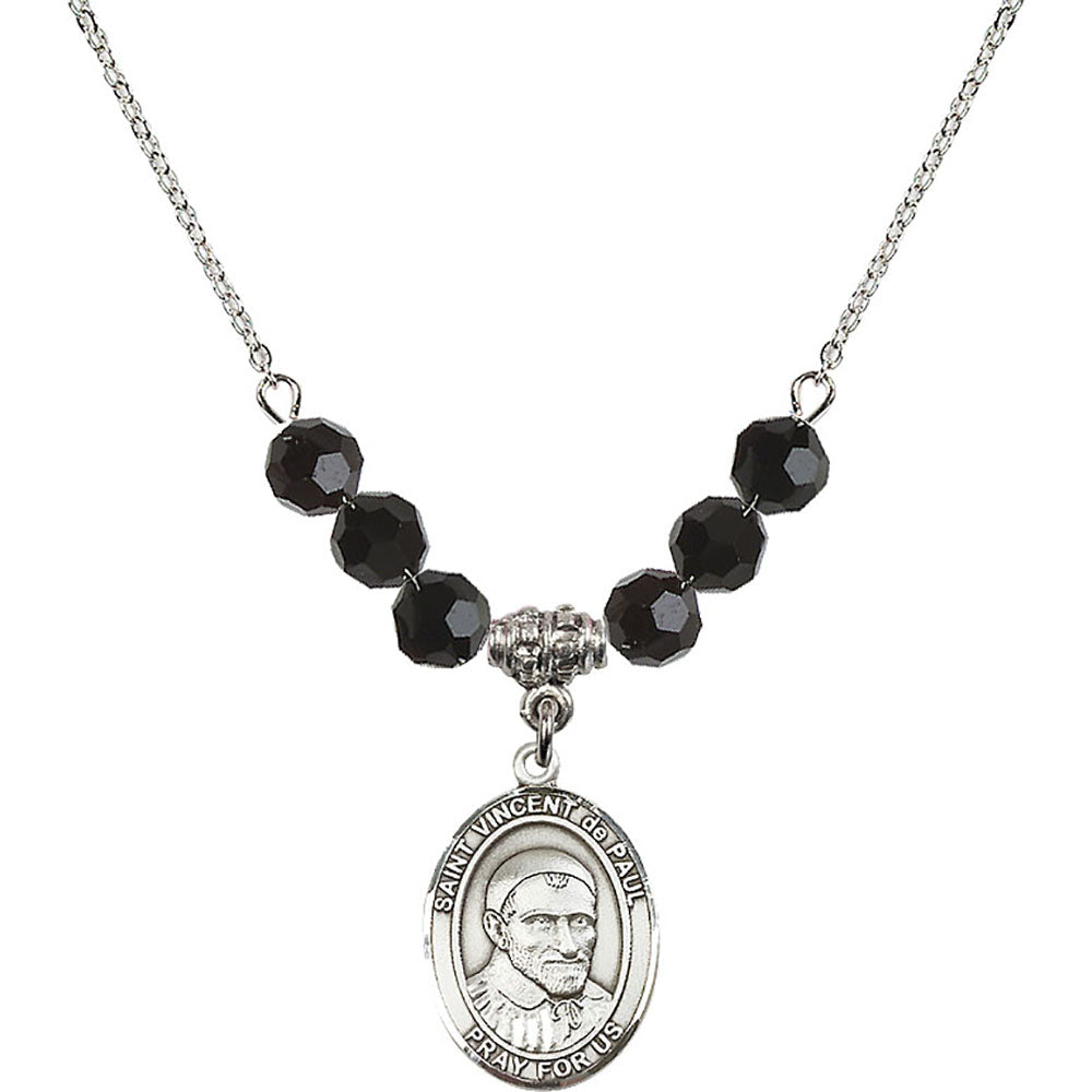 Sterling Silver Saint Vincent De Paul Birthstone Necklace with Jet Beads - 8134