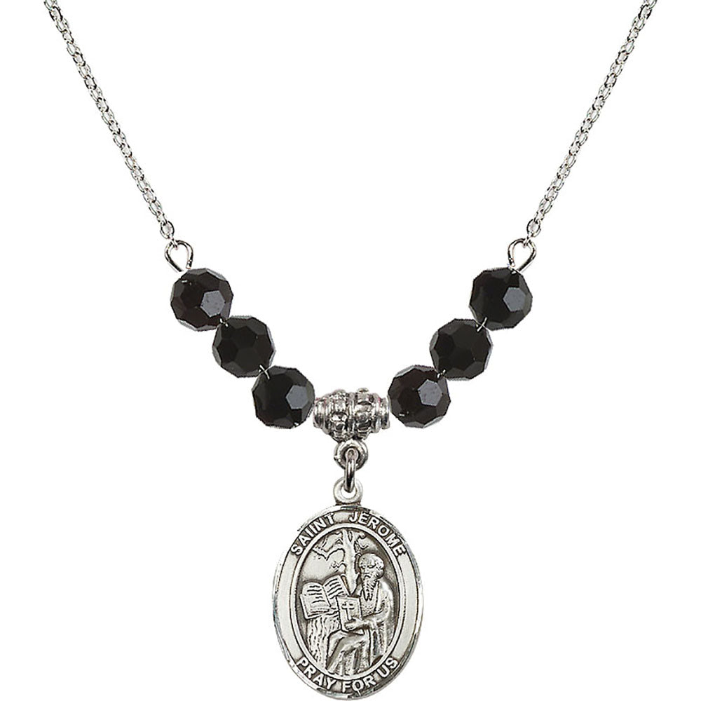 Sterling Silver Saint Jerome Birthstone Necklace with Jet Beads - 8135
