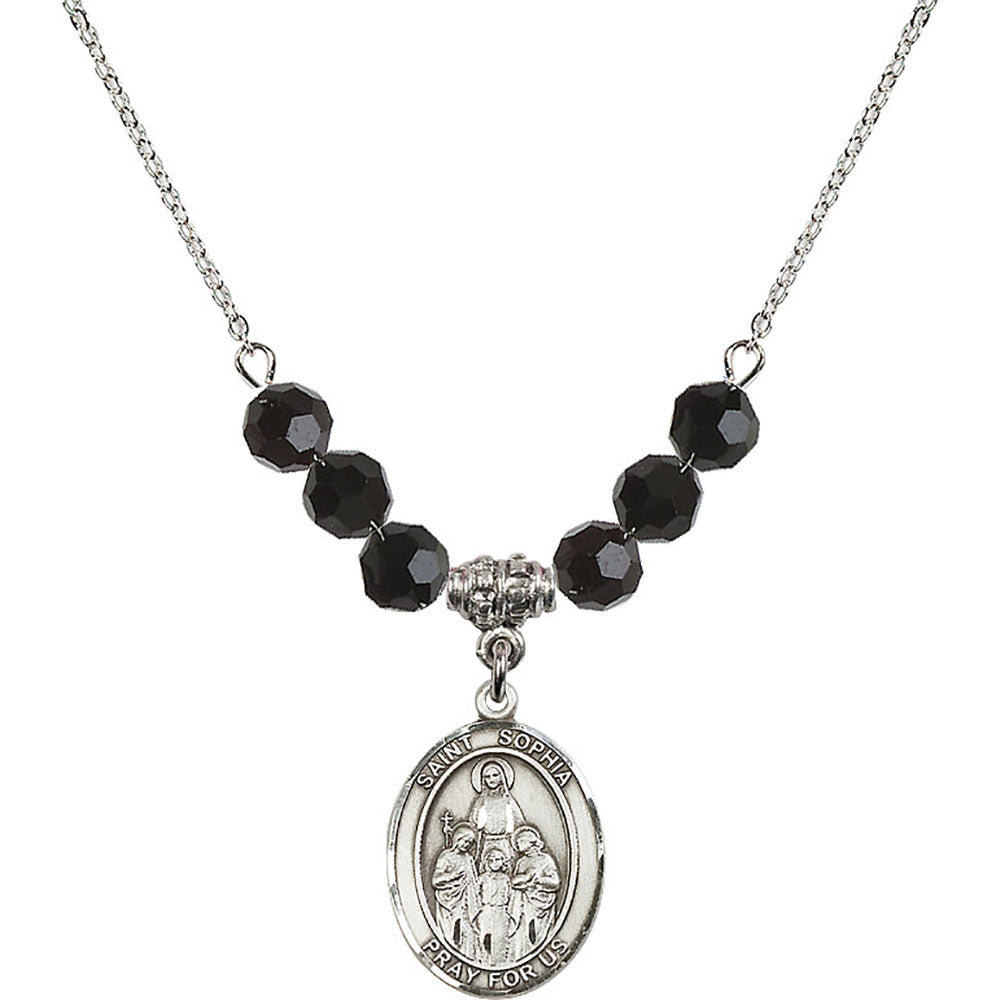 Sterling Silver Saint Sophia Birthstone Necklace with Jet Beads - 8136