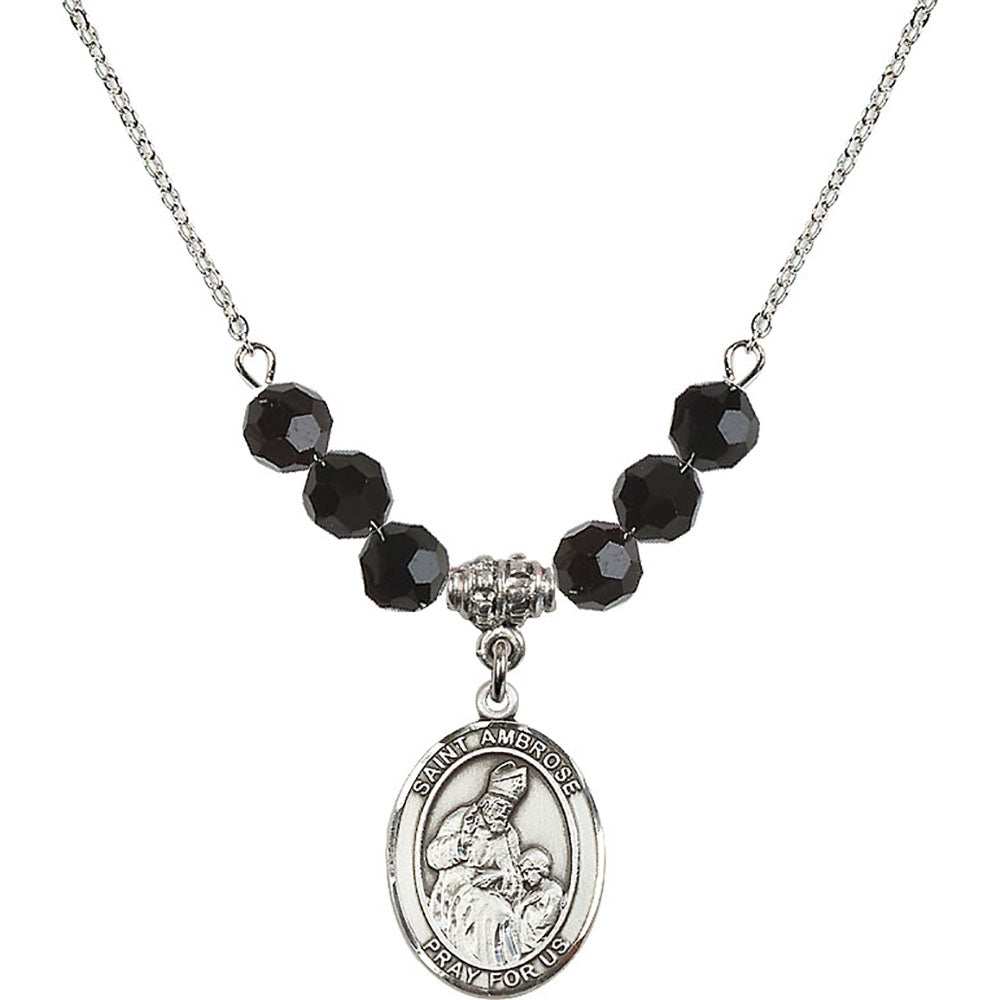 Sterling Silver Saint Ambrose Birthstone Necklace with Jet Beads - 8137