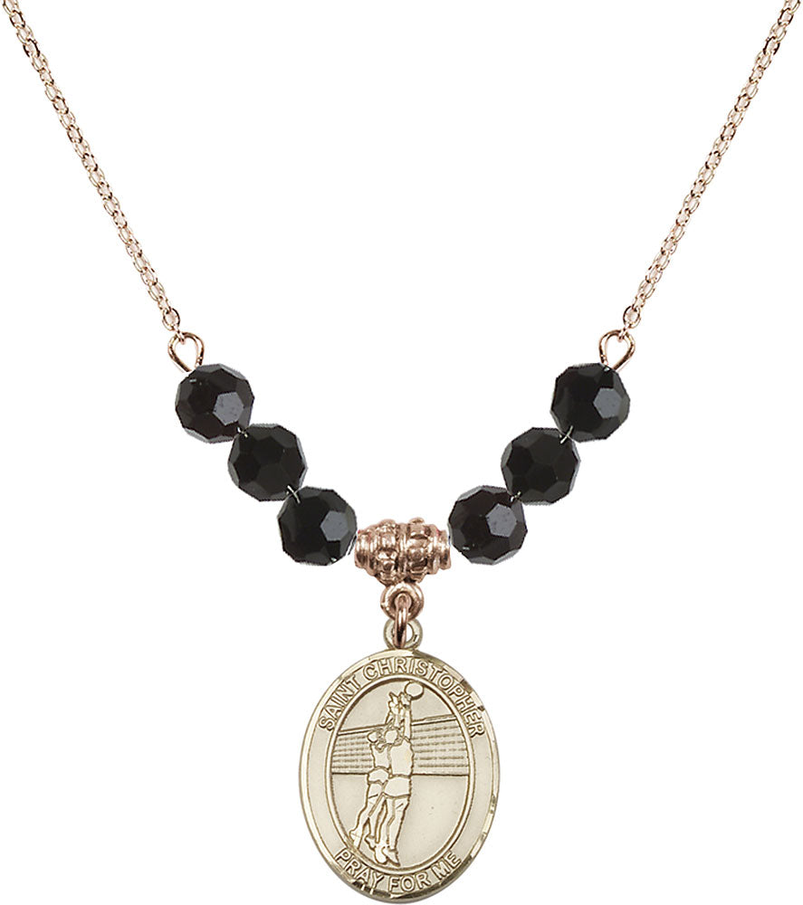 14kt Gold Filled Saint Christopher/Volleyball Birthstone Necklace with Jet Beads - 8138