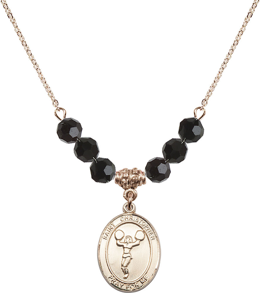 14kt Gold Filled Saint Christopher/Cheerleading Birthstone Necklace with Jet Beads - 8140