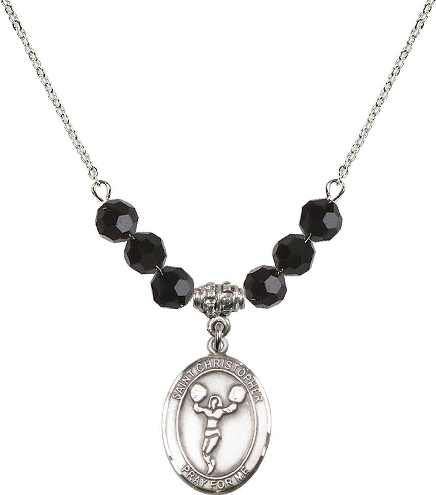 Sterling Silver Saint Christopher/Cheerleading Birthstone Necklace with Jet Beads - 8140