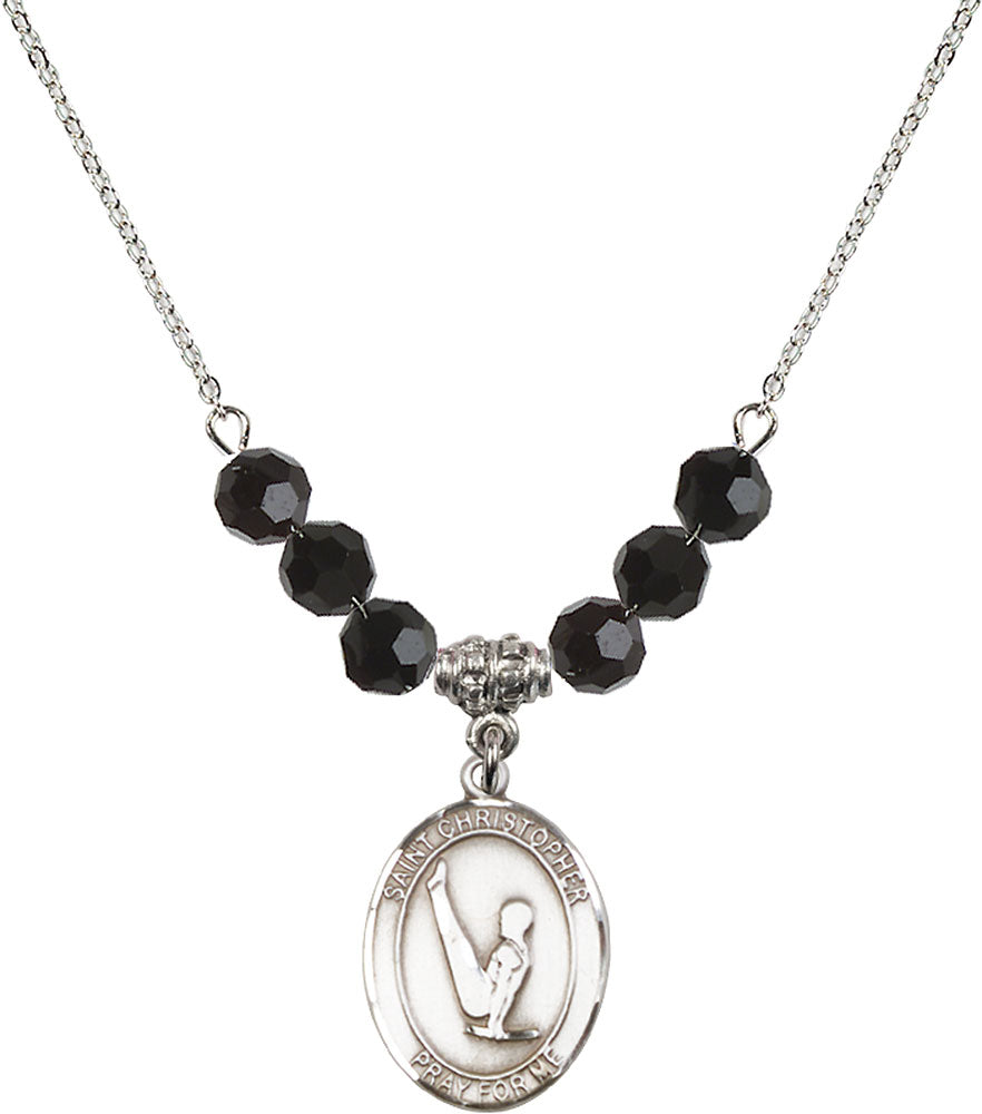Sterling Silver Saint Christopher/Gymnastics Birthstone Necklace with Jet Beads - 8142