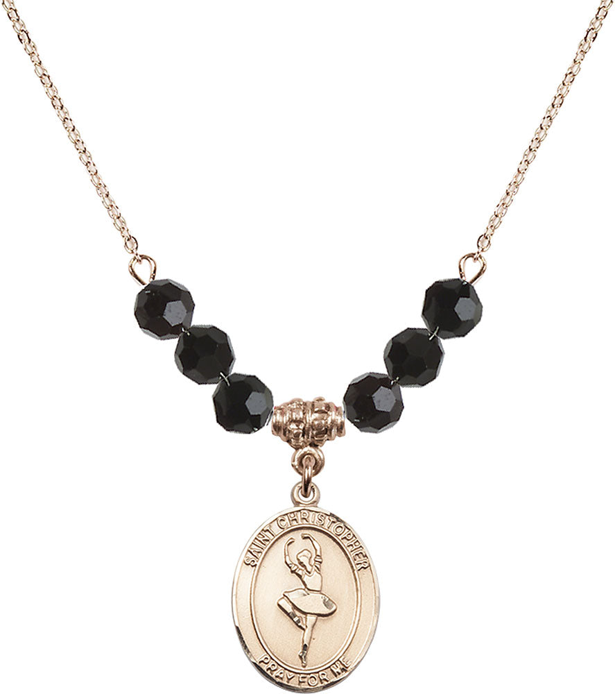 14kt Gold Filled Saint Christopher/Dance Birthstone Necklace with Jet Beads - 8143