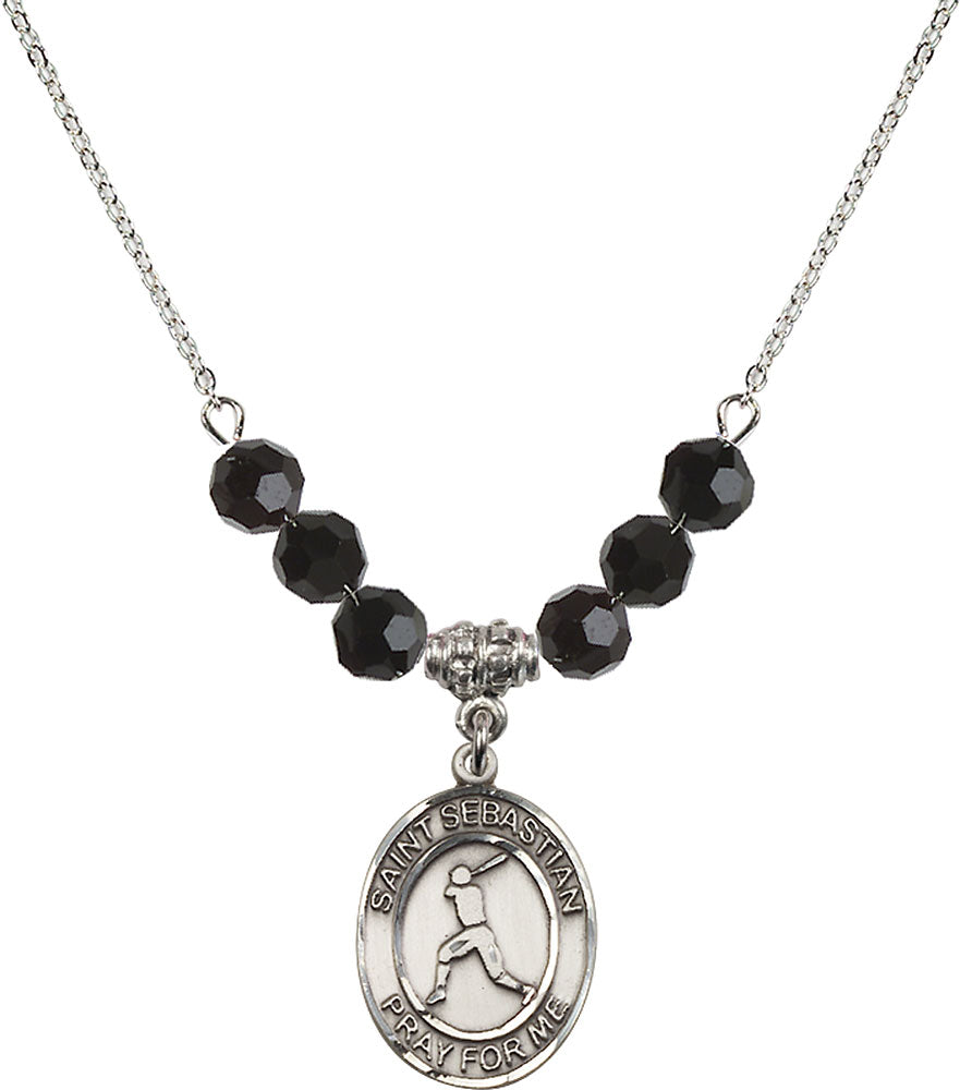 Sterling Silver Saint Sebastian/Baseball Birthstone Necklace with Jet Beads - 8160