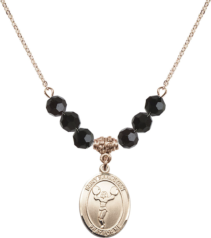 14kt Gold Filled Saint Sebastian/Cheerleading Birthstone Necklace with Jet Beads - 8170