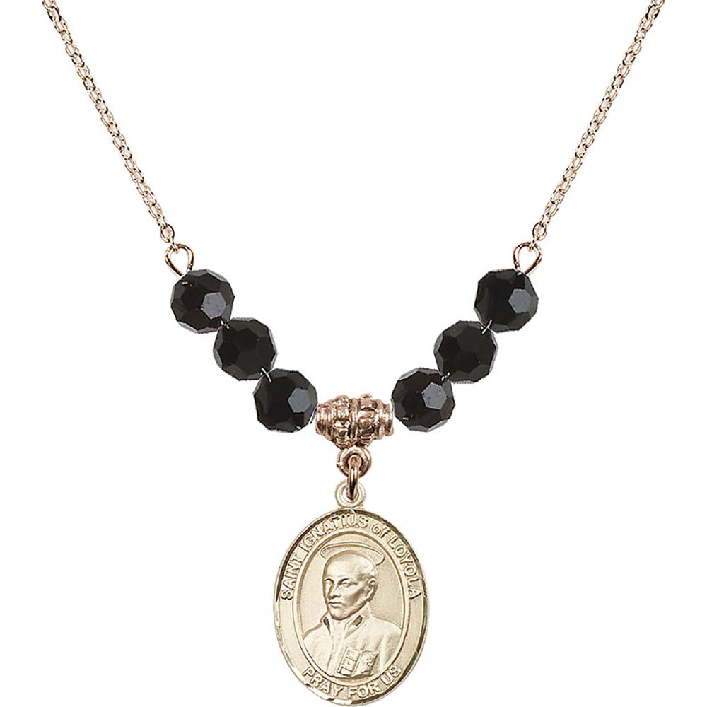 14kt Gold Filled Saint Ignatius of Loyola Birthstone Necklace with Jet Beads - 8217