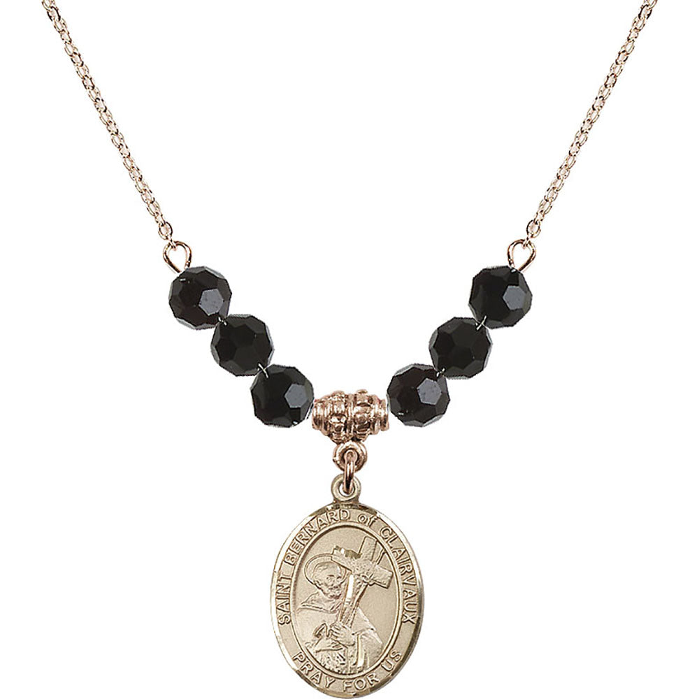 14kt Gold Filled Saint Bernard of Clairvaux Birthstone Necklace with Jet Beads - 8233