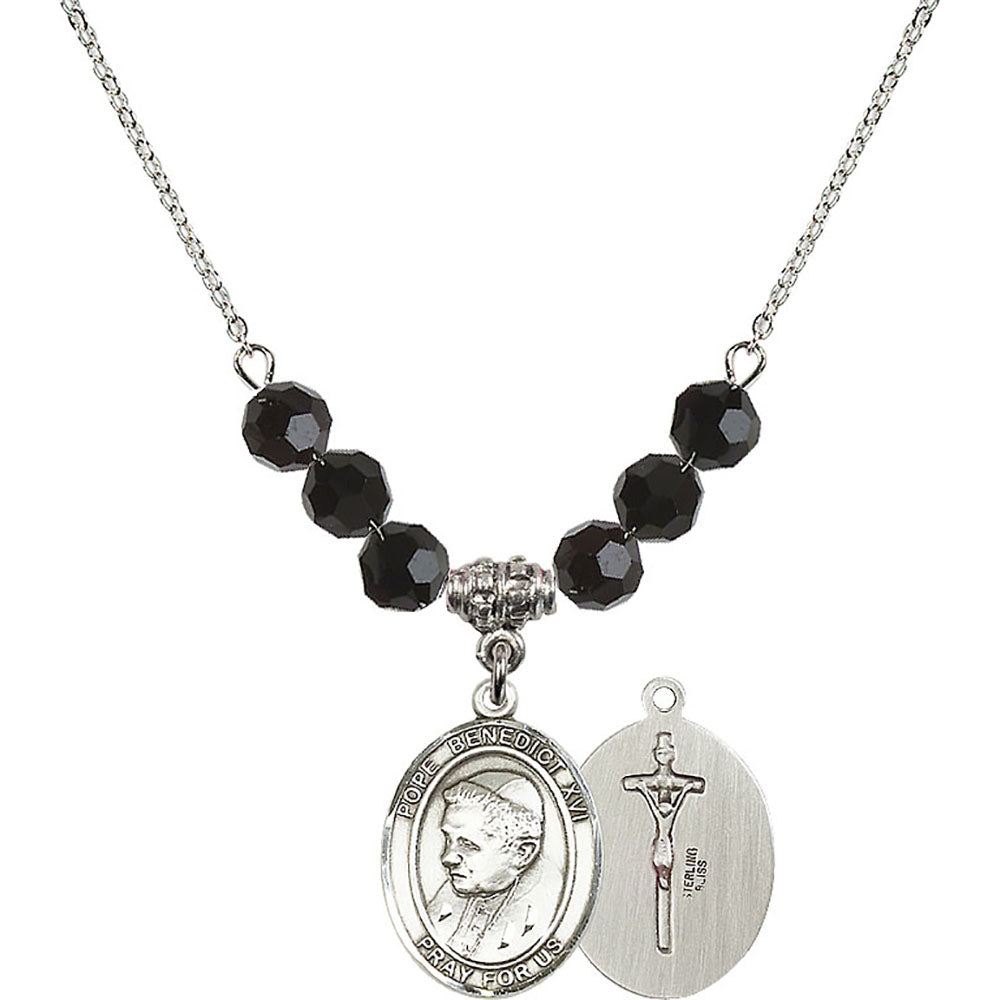 Sterling Silver Pope Emeritace Benedict XVI Birthstone Necklace with Jet Beads - 8235