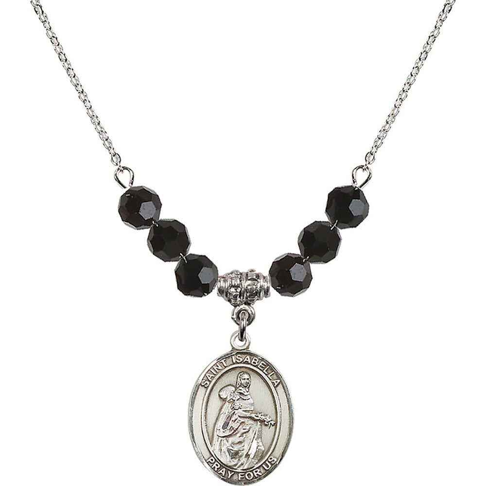 Sterling Silver Saint Isabella of Portugal Birthstone Necklace with Jet Beads - 8250