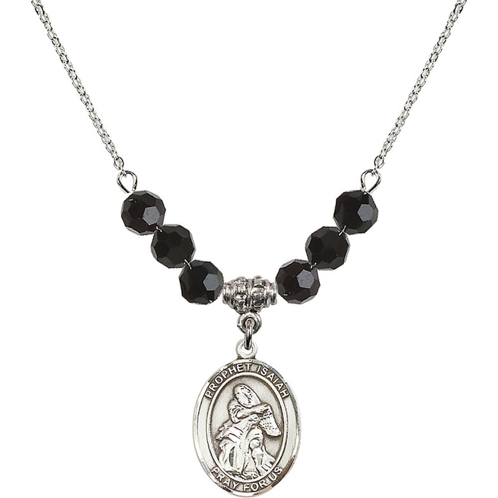 Sterling Silver Saint Isaiah Birthstone Necklace with Jet Beads - 8258