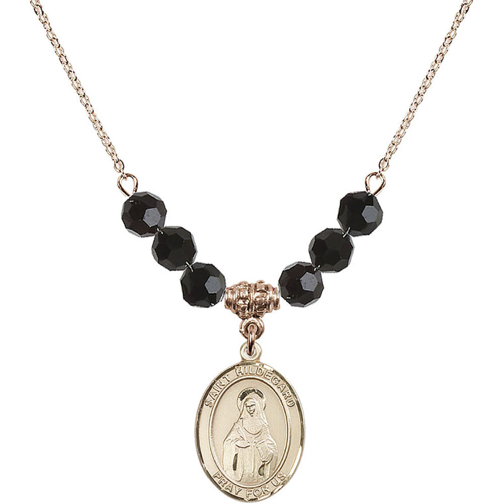 14kt Gold Filled Saint Hildegard von Bingen Birthstone Necklace with Jet Beads - 8260