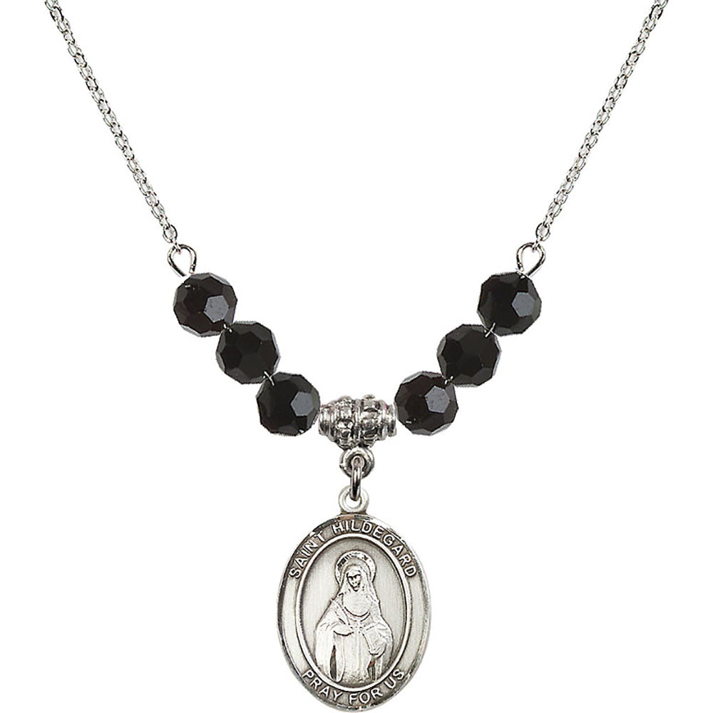 Sterling Silver Saint Hildegard von Bingen Birthstone Necklace with Jet Beads - 8260