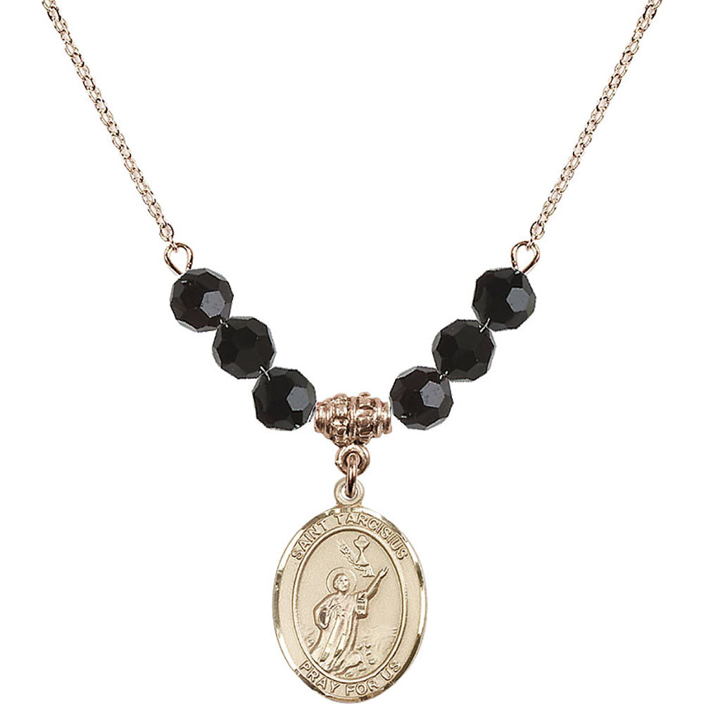 14kt Gold Filled Saint Tarcisius Birthstone Necklace with Jet Beads - 8261
