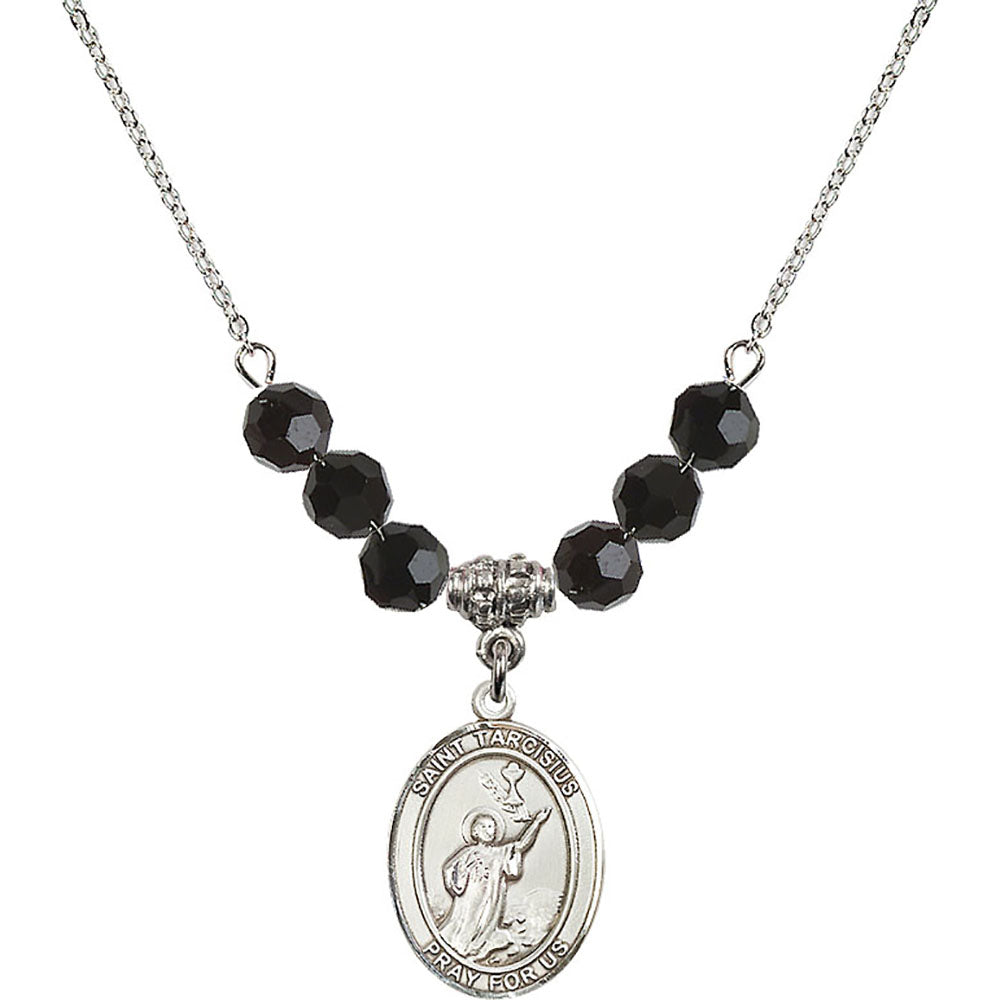 Sterling Silver Saint Tarcisius Birthstone Necklace with Jet Beads - 8261