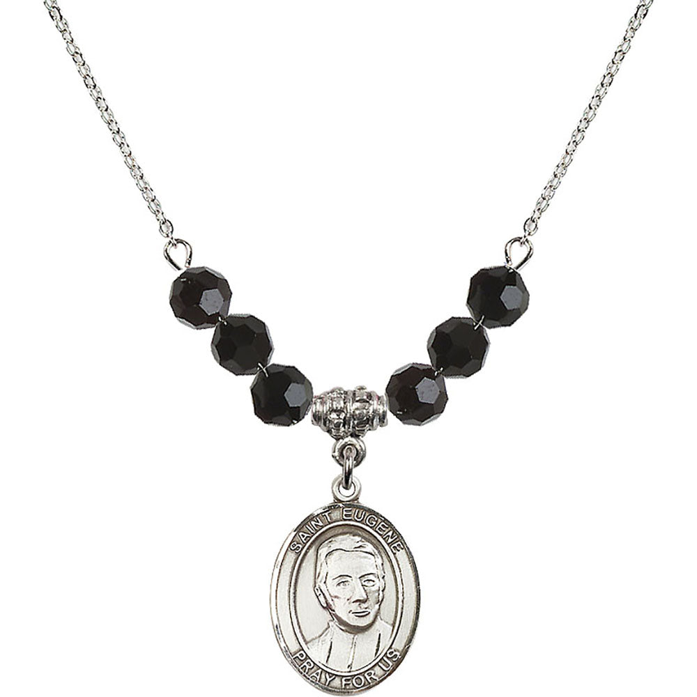 Sterling Silver Saint Eugene de Mazenod Birthstone Necklace with Jet Beads - 8266