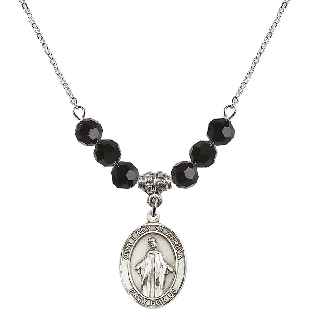 Sterling Silver Our Lady of Africa Birthstone Necklace with Jet Beads - 8269