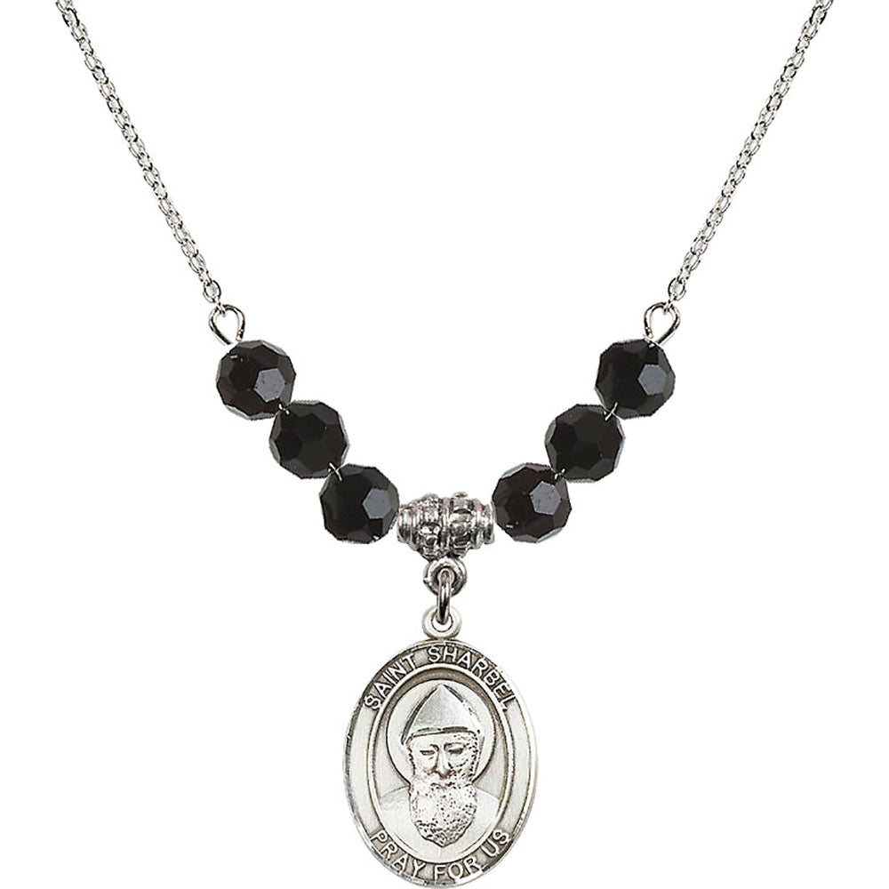 Sterling Silver Saint Sharbel Birthstone Necklace with Jet Beads - 8271