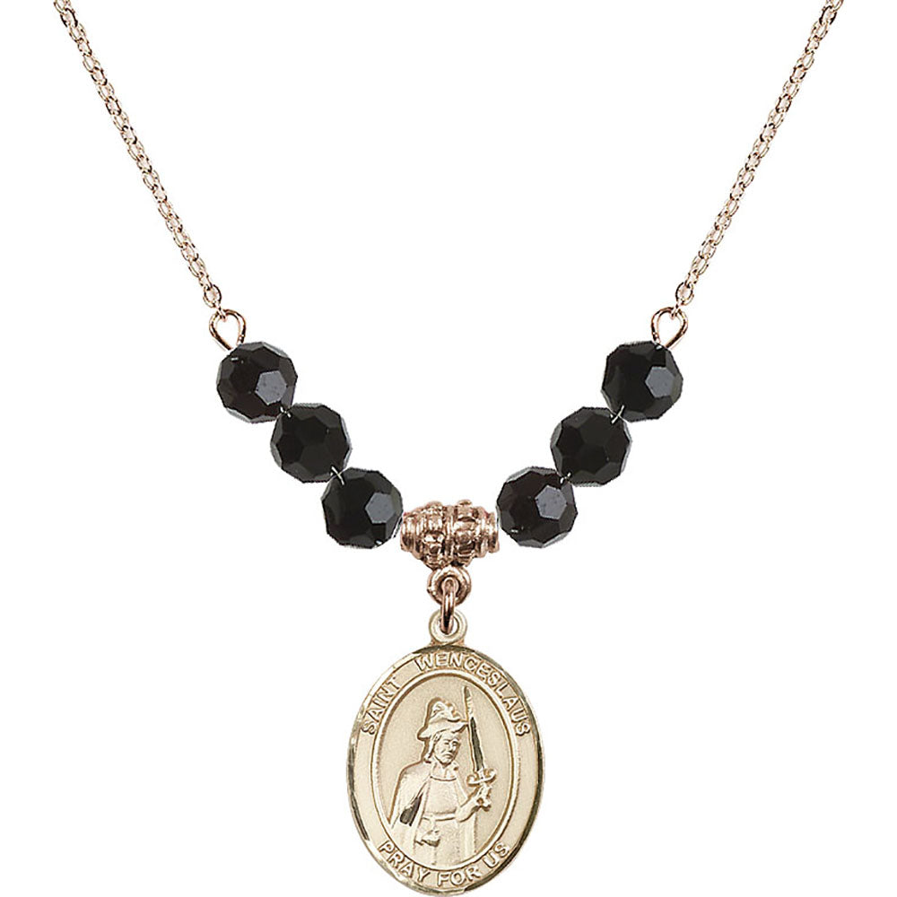 14kt Gold Filled Saint Wenceslaus Birthstone Necklace with Jet Beads - 8273