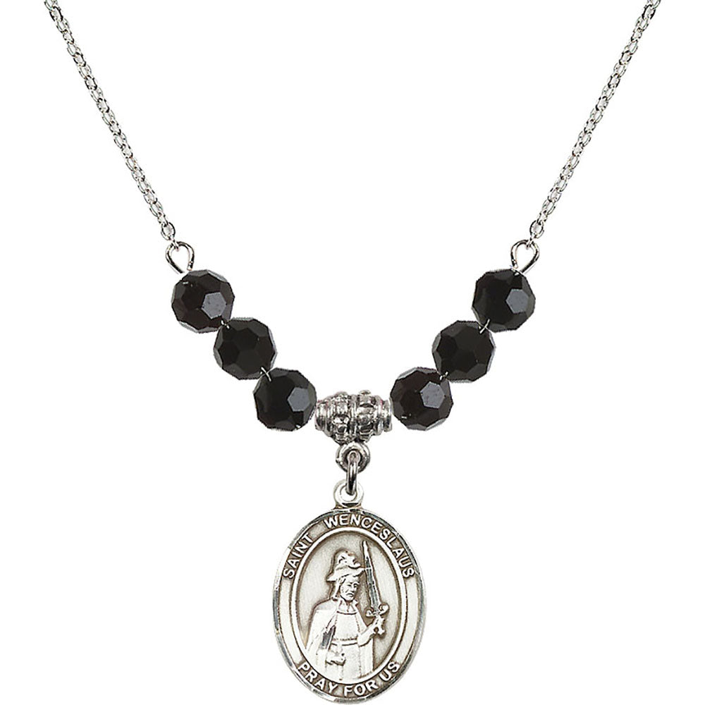 Sterling Silver Saint Wenceslaus Birthstone Necklace with Jet Beads - 8273